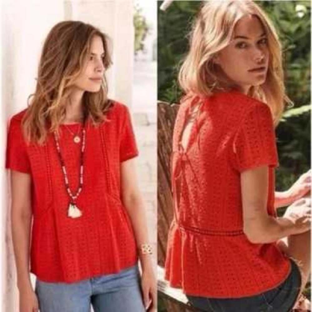 Sezane Red Eyelet Cleo Lace Short Sleeve Tie-Back Top Size 40